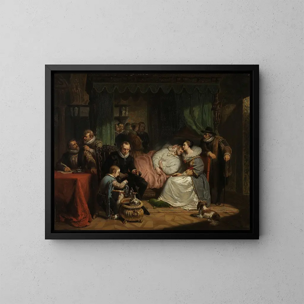 El príncipe Guillermo I amamantado por su esposa Charlotte de Borbón después del intento de asesinato en Amberes en 1582 - Nicolaas Pieneman — cuadro enmarcado en la pared