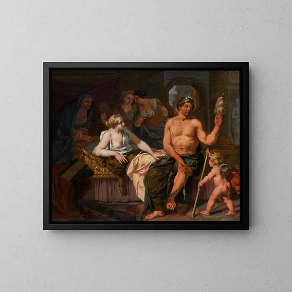 Hercules and Omphale - Nicolaas Verkolje — framed artwork on a wall