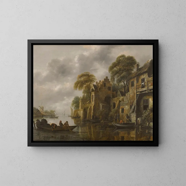 Un paisaje fluvial con pescadores cargando sus redes cerca de una ciudad - Nicolaes Molenaer — cuadro enmarcado en la pared
