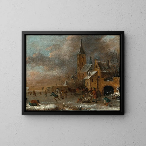 Un paisaje de invierno con patinadores sobre el hielo - Nicolaes Molenaer — cuadro enmarcado en la pared