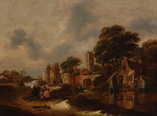 Nicolaes Molenaer - River landscape with village walls and figures conversing in the foreground.webp