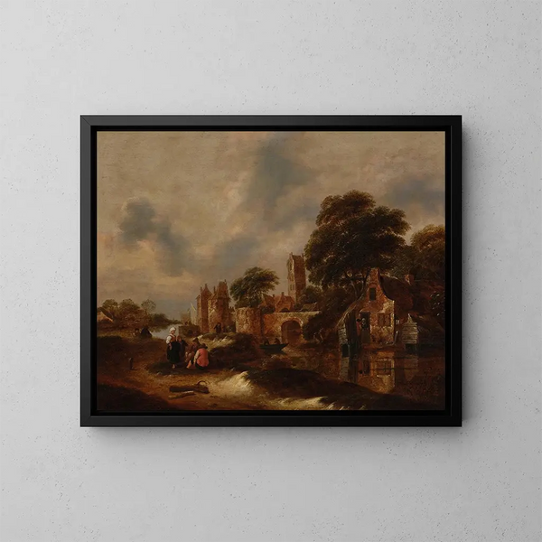 Paisaje fluvial con muros de pueblo y figuras conversando en primer plano - Nicolaes Molenaer — cuadro enmarcado en la pared