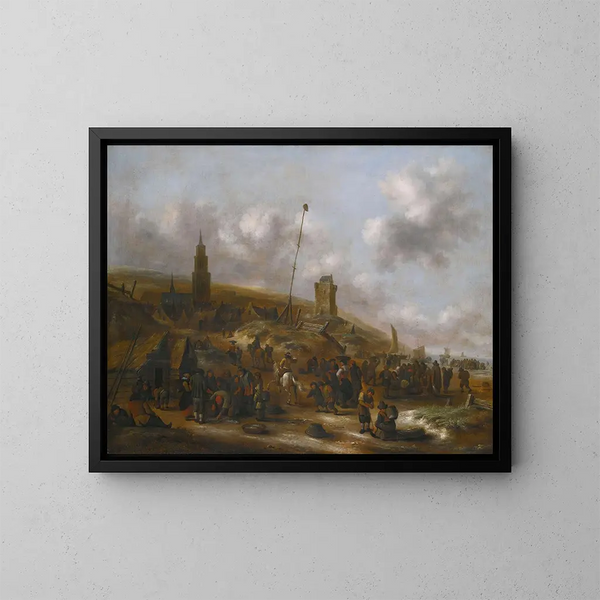 La playa de Scheveningen con pescadores descargando su captura - Nicolaes Molenaer — cuadro enmarcado en la pared