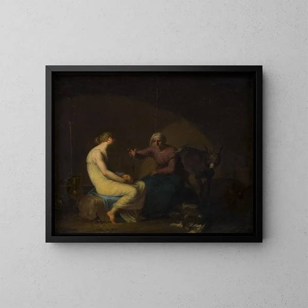 La gobernanta del rey le cuenta a la joven la mitología de Amor y Psique, motivo de Apuleyo, El asno de oro - Nicolai Abildgaard — cuadro enmarcado en la pared