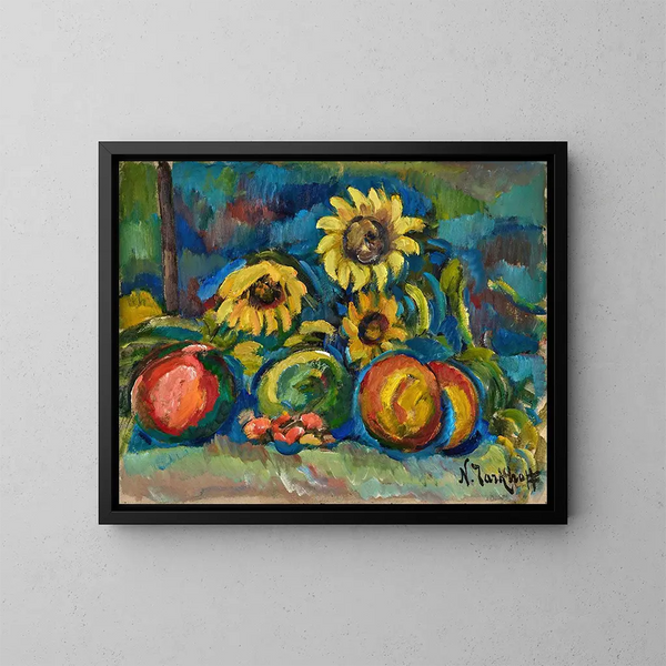 Naturaleza muerta con frutas y girasol - Nicolas Alexandrovitch Tarkhoff — cuadro enmarcado en la pared