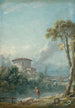 Landscape painting with a fisherman by the edge of a lake, in the background a large dovecote - Nicolas Jacques Julliard — artwork view