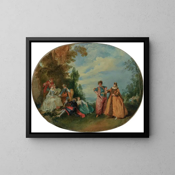 Una fiesta al aire libre con el hermoso griego y el turco enamorado - Nicolas Lancret — cuadro enmarcado en la pared