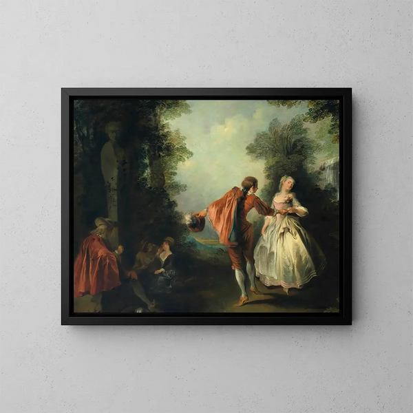 Figuras elegantes en un paisaje boscoso - Nicolas Lancret — cuadro enmarcado en la pared