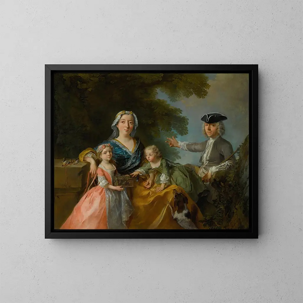 un retrato de una familia tradicionalmente identificada como M. y Mme Saint-Martin con sus dos hijos en un paisaje - Nicolas Lancret — cuadro enmarcado en la pared