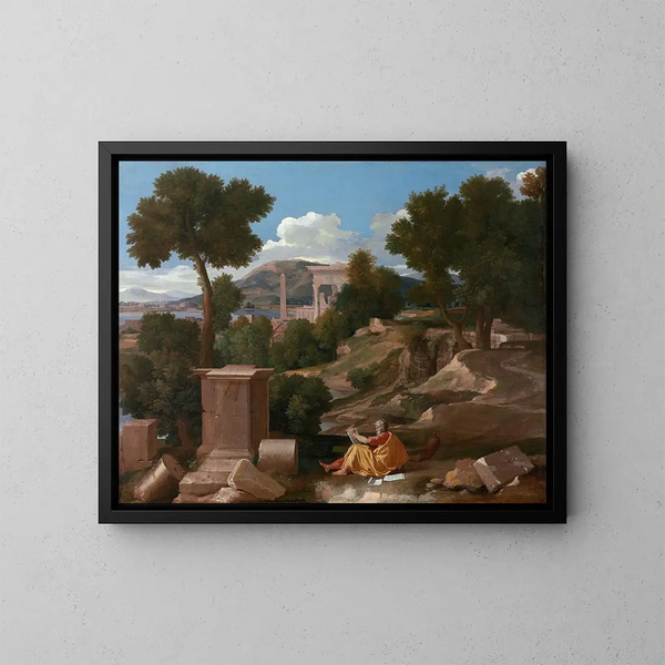 Paisaje con san Juan en la isla de Patmos - Nicolas Poussin — cuadro enmarcado en la pared