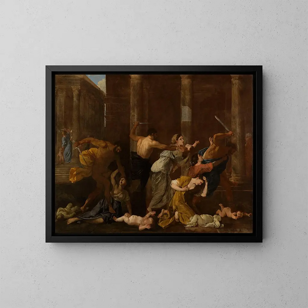 El Masacre de los Inocentes - Nicolas Poussin — cuadro enmarcado en la pared