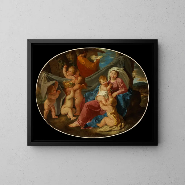 El descanso durante la huida a Egipto - Nicolas Poussin — cuadro enmarcado en la pared