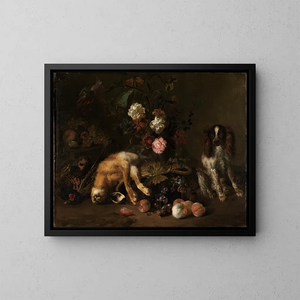 Still life with game, flowers, fruits, and a spaniel - Nicolas de Largillière — framed artwork on a wall