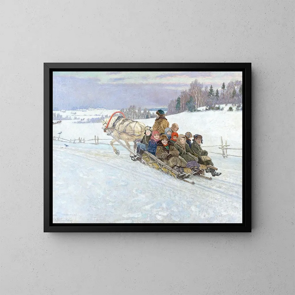 Paseo en trineo en la Rusia invernal - Nikolai Bogdanov-Belsky — cuadro enmarcado en la pared