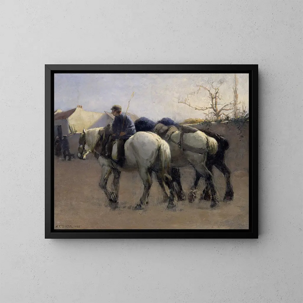 Calle del pueblo francés con caballos - Nils Kreuger — cuadro enmarcado en la pared