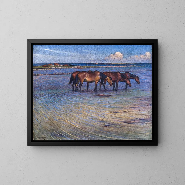 Horses Refreshing in the Water - Nils Kreuger — framed artwork on a wall
