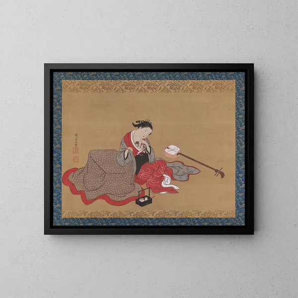 cortesana con un gatito - Nishikawa Sukenobu — cuadro enmarcado en la pared
