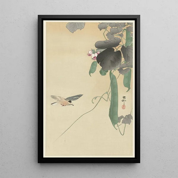 Pájaro sobre planta de frijol en flor - Ohara Koson — cuadro enmarcado en la pared