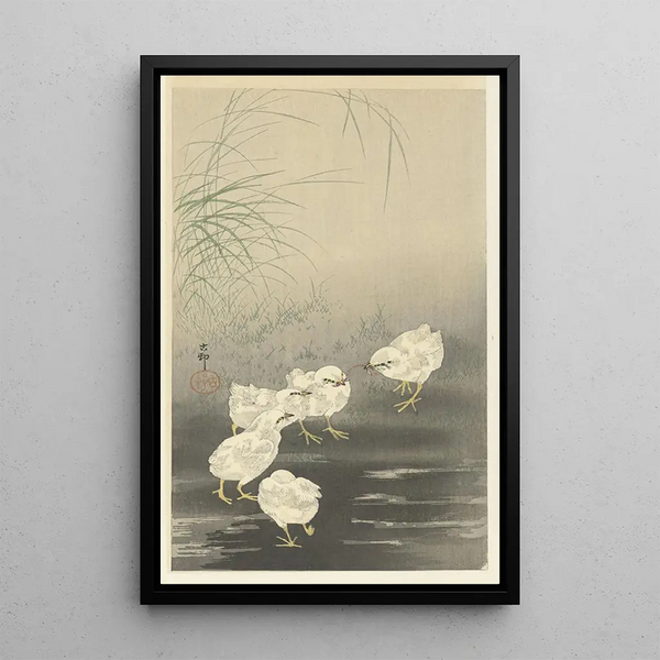 Pollitos y ver - Ohara Koson — cuadro enmarcado en la pared