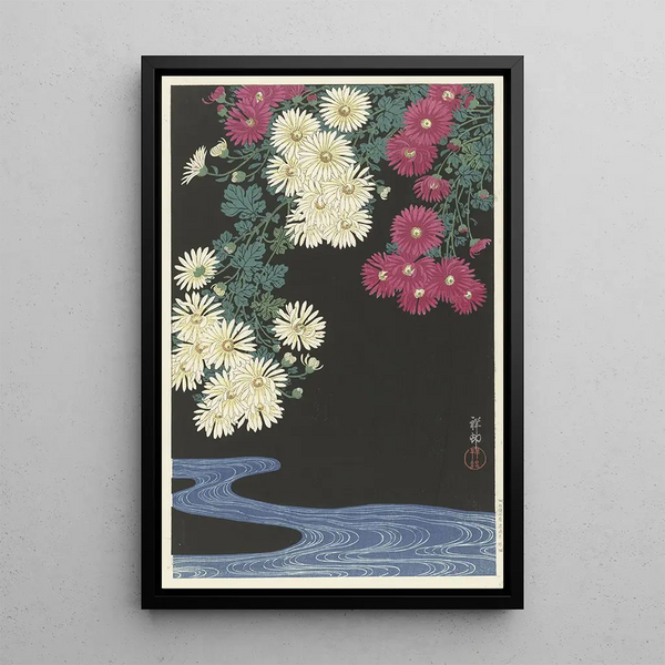 Crisantemos y agua corriente - Ohara Koson — cuadro enmarcado en la pared