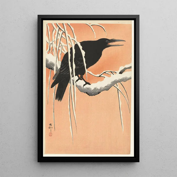 Cuervo sobre rama nevada - Ohara Koson — cuadro enmarcado en la pared
