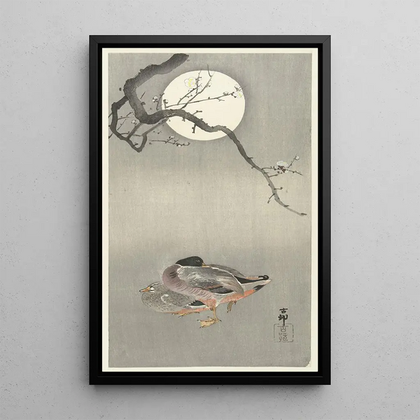 Canards a la luna llena - Ohara Koson — cuadro enmarcado en la pared
