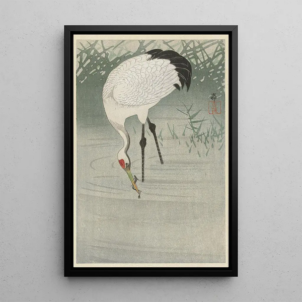 Grúa pescando en aguas poco profundas - Ohara Koson — cuadro enmarcado en la pared