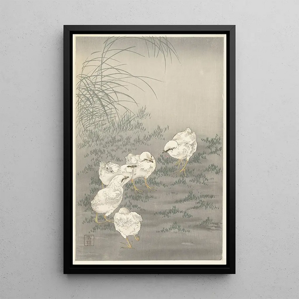 Cinco pollitos - Ohara Koson — cuadro enmarcado en la pared