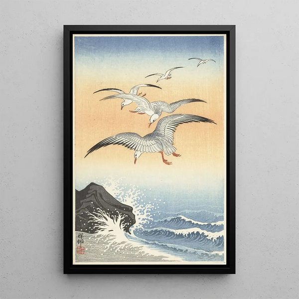 Cinco gaviotas sobre el mar agitado - Ohara Koson — cuadro enmarcado en la pared