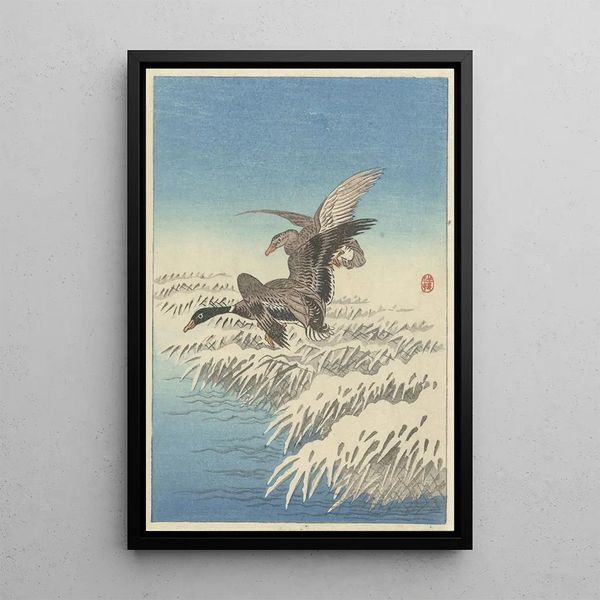 Vuelo de patos sobre los juncos nevados - Ohara Koson — cuadro enmarcado en la pared