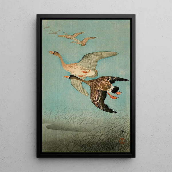 Oies en vol - Ohara Koson — cuadro enmarcado en la pared