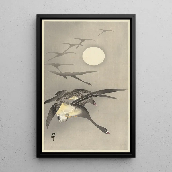 Oies a la luna llena - Ohara Koson — cuadro enmarcado en la pared