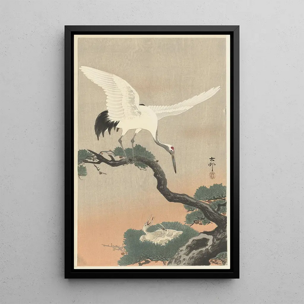 Grúa japonesa sobre rama de pino - Ohara Koson — cuadro enmarcado en la pared