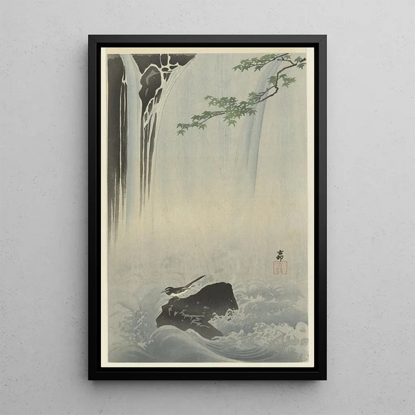Golondrina japonesa en la cascada - Ohara Koson — cuadro enmarcado en la pared