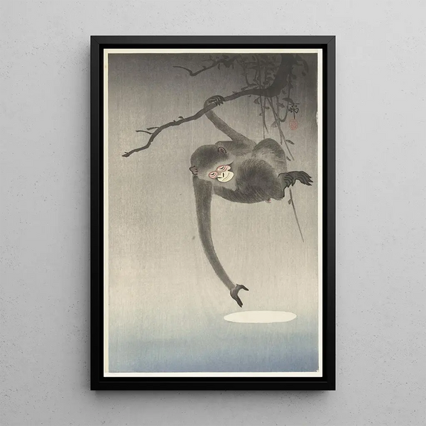 Mono y reflejo de la luna - Ohara Koson — cuadro enmarcado en la pared
