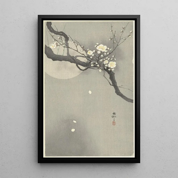 Flor de ciruelo y luna llena - Ohara Koson — cuadro enmarcado en la pared