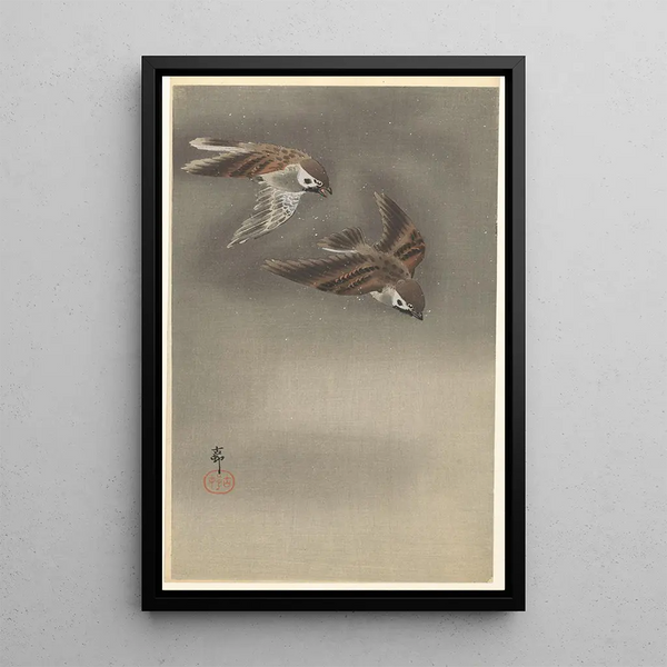 Gorriones con collar en la nieve - Ohara Koson — cuadro enmarcado en la pared