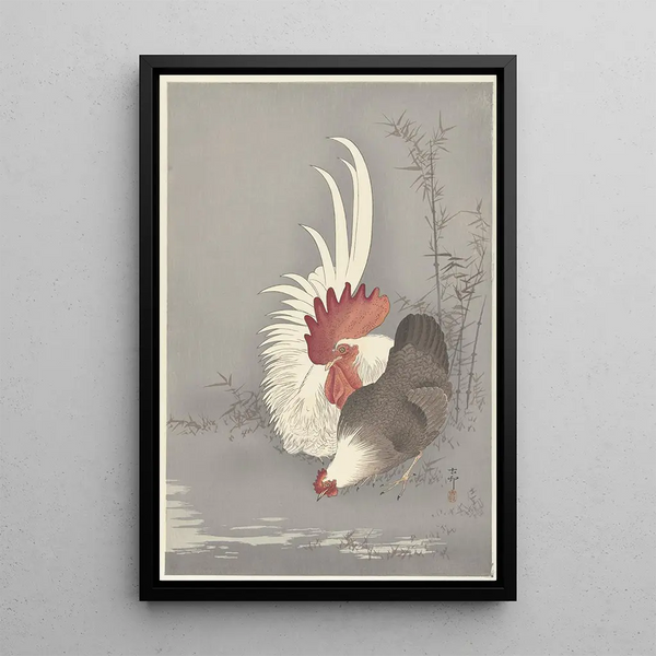 Coq y gallina - Ohara Koson — cuadro enmarcado en la pared