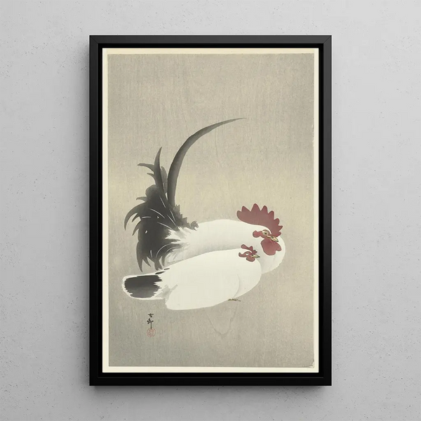 Coq y gallina - Ohara Koson — cuadro enmarcado en la pared