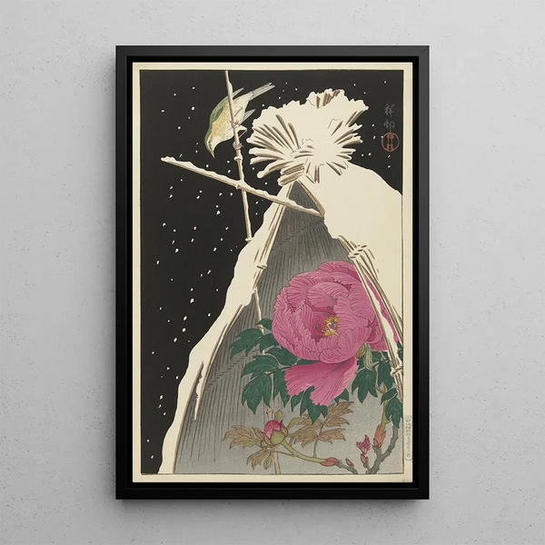 Rossignol de Sibérie cerca de una peonía protegida por un molinillo de heno nevado - Ohara Koson — cuadro enmarcado en la pared