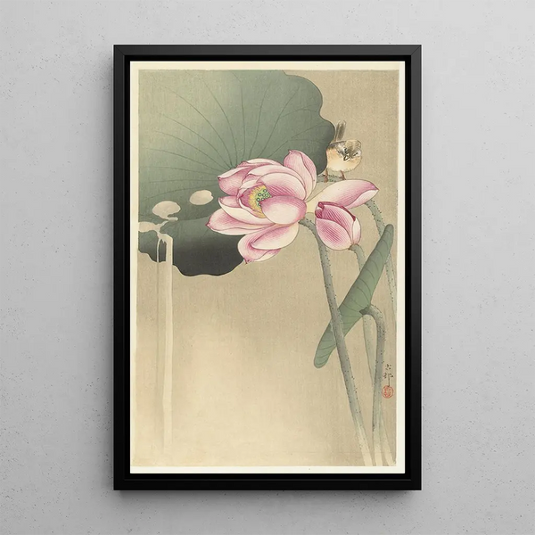 Pájaro cantor y loto - Ohara Koson — cuadro enmarcado en la pared