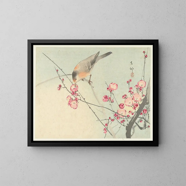 Pájaro cantor en una rama en flor - Ohara Koson — cuadro enmarcado en la pared
