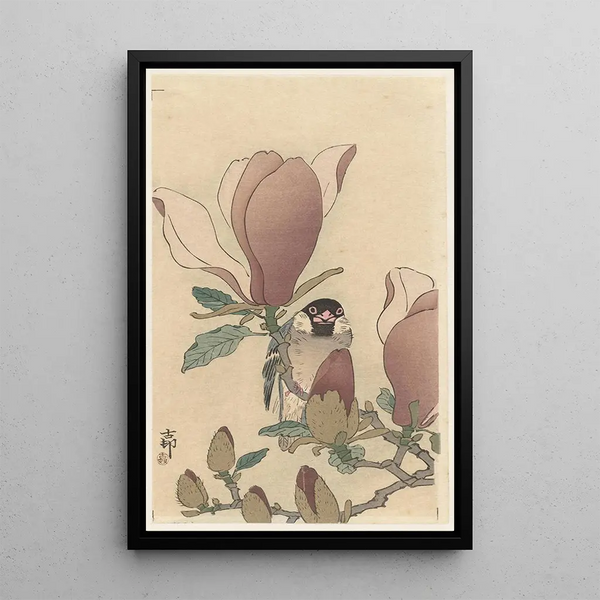 Moineau sur une branche de magnolia en fleur - Ohara Koson — cuadro enmarcado en la pared