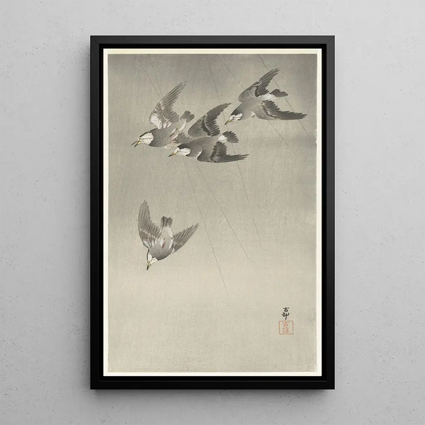 Estorninos bajo la lluvia - Ohara Koson — cuadro enmarcado en la pared