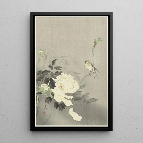 Golondrina con peonía - Ohara Koson — cuadro enmarcado en la pared