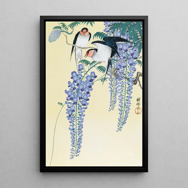 Golondrinas y glicinia - Ohara Koson — cuadro enmarcado en la pared