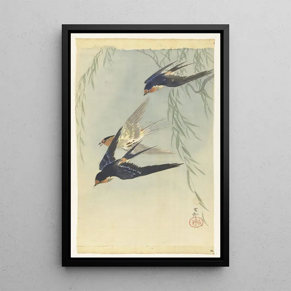 Tres pájaros en pleno vuelo - Ohara Koson — cuadro enmarcado en la pared
