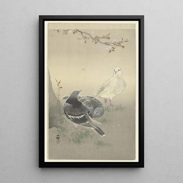 Tres palomas domesticadas - Ohara Koson — cuadro enmarcado en la pared