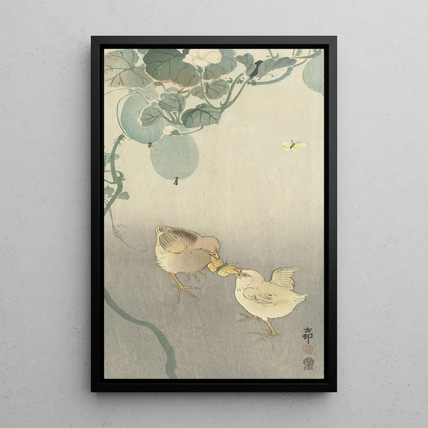 Dos polluelos peleando por una mariposa - Ohara Koson — cuadro enmarcado en la pared