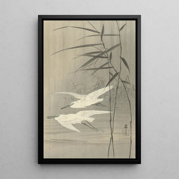 Dos cigüeñas en vuelo - Ohara Koson — cuadro enmarcado en la pared
